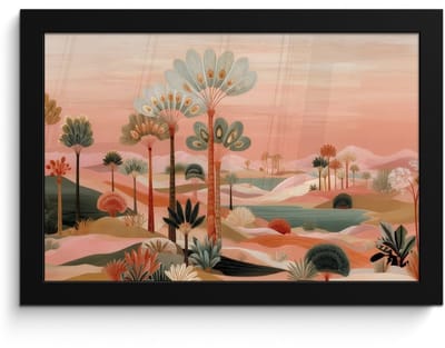 Poster in lijst - Fotolijst 30x20 cm - Posters - Roze landschap - Palmen - Water - Posterlijst zwart - Decoratie - Wanddecoratie woonkamer - Muurdecoratie slaapkamer