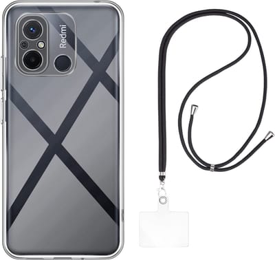 Set met hoesje en nekband voor xiaomi redmi 11a / redmi 12c - Flexibele, transparante TPU-bescherming, verstelbare universele nekband voor mobiele telefoons, zwarte nekband, transparante draagriem van Phonillico®