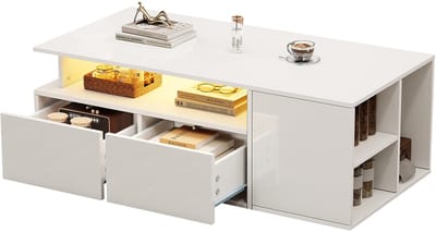 MODFU Salontafel 100x50x35 cm van spaanplaat, hoogglans wit met LED en 2 lades, uitgebreide opbergruimte