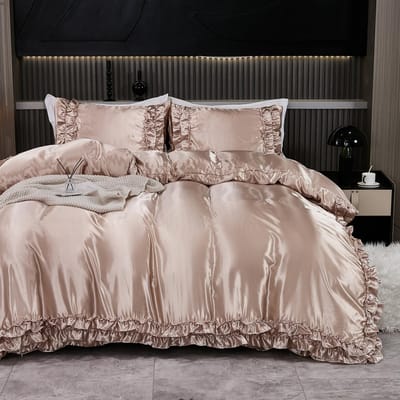 3-DELIG satijnen dekbedovertrekset Zijde Wit Kaki En Roze Beddengoed Dekbedovertrek Zijdeachtig Ruchespatroon Luxe Zijdeachtig Beddengoed Zacht 135x200cm-UK-Single
