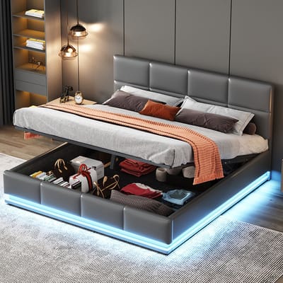 KOMHTOM Tweepersoonsbed 160x200 cm met LED dubbele bedkist met in hoogte verstelbaar gestoffeerd hoofdbord grijs
