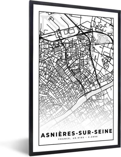 Fotolijst incl. Poster Zwart Wit- Plattegrond - Asnières-sur-Seine - Kaart - Frankrijk - Stadskaart - Zwart wit - 40x60 cm - Posterlijst