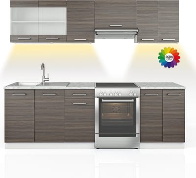 Vicco Keukenblok R-Line, Edel grijs/Wit, 240 cm, WB Marmer met LED-strip