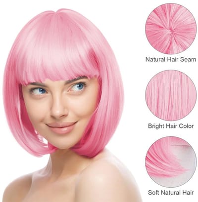 AOMIG Korte Bob Pruik Met 2 Haarnetjes - Kleurrijke Neon Bob Voor Mardi Gras, Themafeesten en Halloween Decoraties