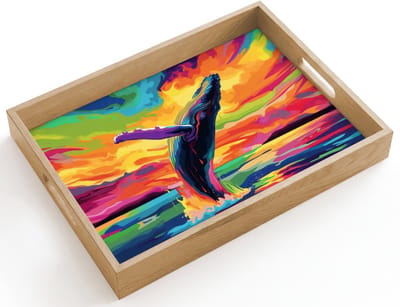 Dienblad hout 40x30 cm - Schootdienblad - Zonsondergang - Walvis - Geschilderd - Kleurrijk - Borrelplank rechthoek - Plateau dienbladen
