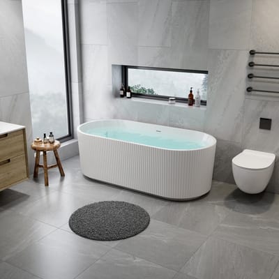 H&F Vrijstaand Ligbad 170x78x58 cm Mat Wit Acryl Geribbeld Design – Inclusief Afvoerset & Click Waste | Modern Luxe Vrijstaand Bad