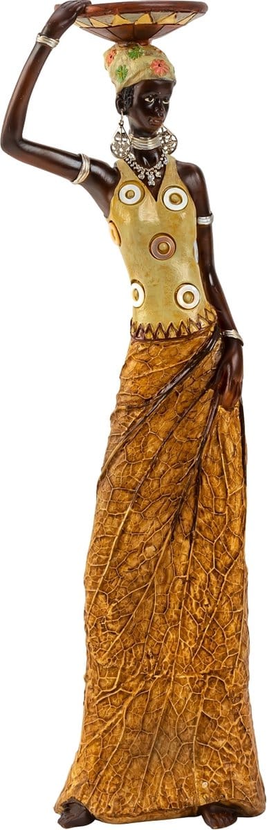 Afrikaanse Vrouw met Schaal op Hoofd – Handgeschilderd Decoratiebeeld in Kleurrijke Kleding – Unieke Afrikaanse Woondecoratie