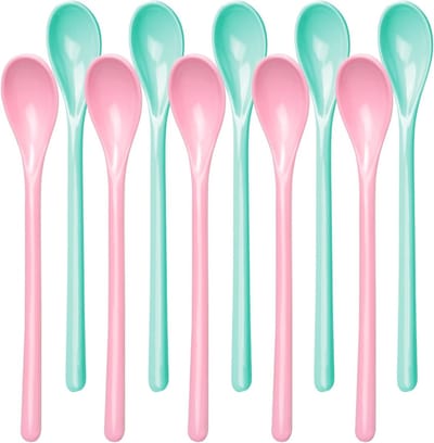 Set van 10 Lange Lepels van Plastic, Herbruikbare Koffielepels en Dessertlepels, Geschikt voor Eieren en Afwasmachine, Roze en Blauw