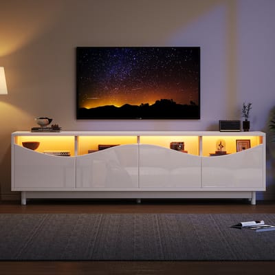 Lowboard - 175x38x51 cm - Gebogen Design - Hoogglans met LED en Glazen Deur - Wit