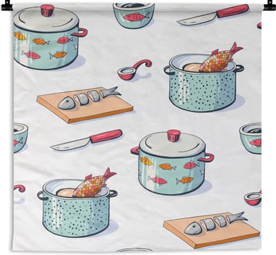 Wandkleed - Wanddoek - Patronen - Koken - Eten - Vis - Pan - 90x90 cm - Wandtapijt