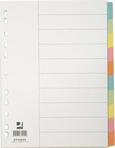 Q-CONNECT tabbladen, A4, karton, 11-gaatsperforatie, 10 tabs, geassorteerde kleuren 25 stuks