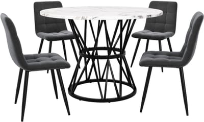 5-Delige Eettafelset, Ronde Eettafelset, Zitgroep, Keukenmeubilair – De tafel meet 100x100x76 cm, Inclusief 4 Stoelen, Tafelblad Met Marmerlook, Metalen Tafelpoten - Grijze Eetkamerstoel, Zwarte Tafelpoten