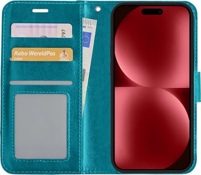 Hoesje - Met Pasjeshouder - Geschikt voor Apple iPhone 15 - Luxe Bookcase Portemonee - Flip Case - Kunstleer Book Case - Flipcase - Book Cover - Walletcase - Portemonneehoes - Turquoise