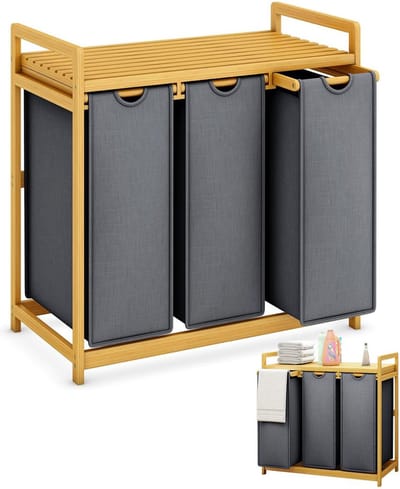 ApexArte® Wasmand 3 Vakken - Wassorteerder - 150L - Grijs met Bruin