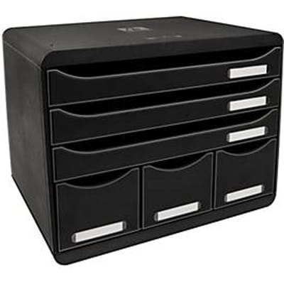 Exacompta STOREBOX zwart glanzend, 6 open laden A4+ liggend, 27 cm diep, geruisloze uittrekelementen, veiligheidsstop, stapelbaar