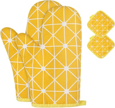 Ovenwanten en pannenlappen, barbecuehandschoenen, -ovenwanten en pannenlappen met gerecyclede vulling, katoenen antislip kookhandschoenen voor koken, bakken, grillen (4-delige set, geel)
