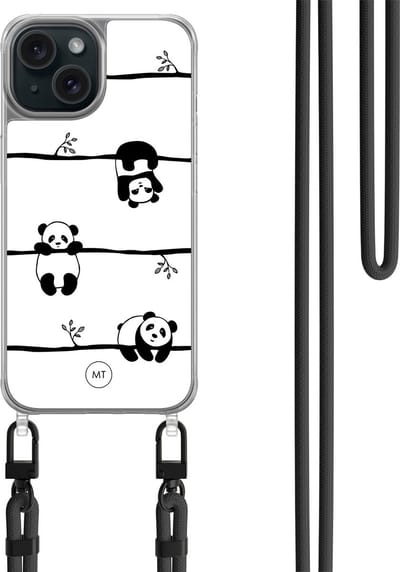 Hoesje met koord geschikt voor iPhone 15 - Panda - Inclusief zwart koord - Crossbody beschermhoes - Transparant, Zwart, Wit - Mooie Telefoonhoesjes
