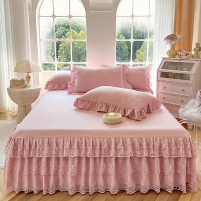 Couvre-lit en dentelle de gaze à trois couches, couvre-lit universel saisonnier, couleur unie, bord à volants, Anti-poussière et antidérapant 180X200cm bed skirt