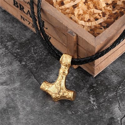 Punk Stainless Steel Norse Vikings Amulet Pendant Cord Odin's Gold Color Thor's Hammer Chain Necklaces Men ethnic Jewelry Gifts 60CM black