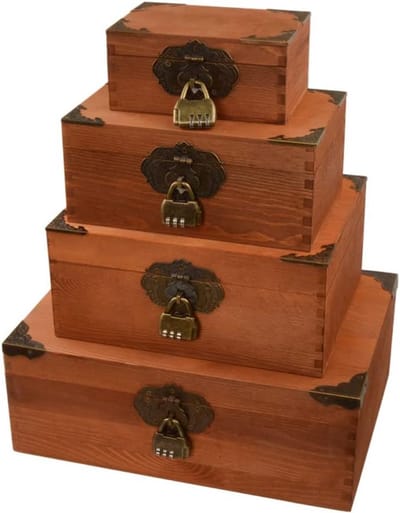 Set van 4 Vintage Houten Decoratieve Opbergkisten met Codesloten