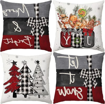 Kerstkussens 55x55cm Set van 4 met Merry Christmas, Joy en Kerstbomen in Rood en Zwart voor Sofa en Bankdecoratie