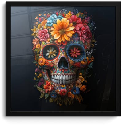 Poster in lijst - Fotolijst 40x40 cm - Posters - Bloemen - Kleurrijk - Schedel - Posterlijst zwart - Decoratie - Wanddecoratie woonkamer - Muurdecoratie slaapkamer