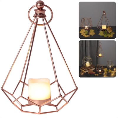 Cheqo® Koperkleurige Lantaarn - Tafellamp - Kaarsenhouder met LED Kaars - Sfeerverlichting Binnen - Decoratief