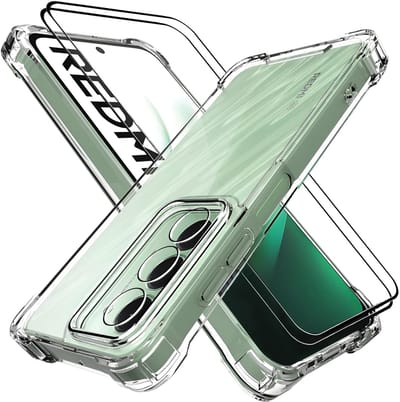 Casemania Hoesje + Glas Geschikt voor Xiaomi Redmi 15 4G - Transparant - Anti Shock Back Cover + 2X Glazen Screenprotector
