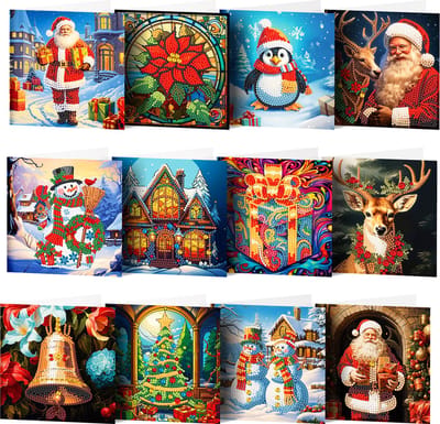 Adorzy Diamond Painting Kerstkaarten – 12 stuks - 15x15 cm - Diamond Painting pakket volledig – Diamond Painting Volwassenen
