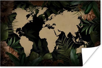 Poster 30x20 cm - Wereldkaart - Bladeren - Tropische Planten - Posters - Kamer decoratie - Wanddecoratie woonkamer - Muurdecoratie slaapkamer