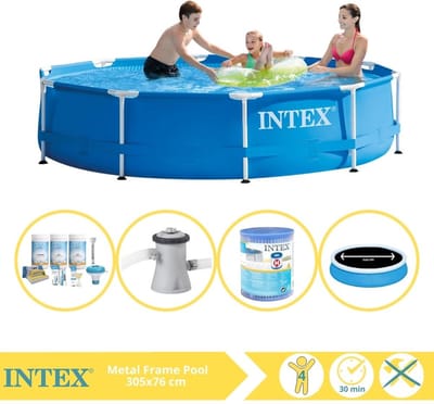 Intex Rond Frame Zwembad - 305 x 76 cm - Blauw - Inclusief Solarzeil - Onderhoudspakket - Zwembadfilterpomp - Filter - 5-delig