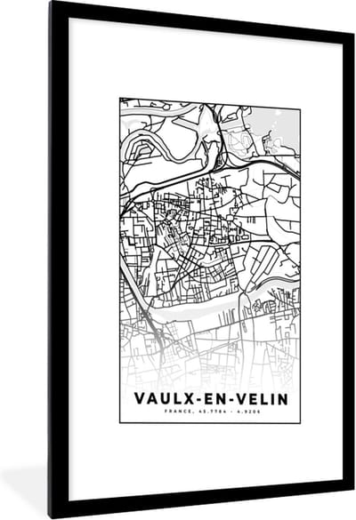 Fotolijst incl. Poster Zwart Wit- Kaart - Stadskaart - Frankrijk - Vaulx-en-Velin - Plattegrond - Zwart wit - 60x90 cm - Posterlijst