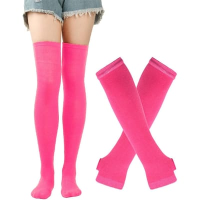 Dijkousen Meerkleurige Casual Handschoenen Dames Meisjes Gestreepte Lange Sokken Over de Knie Sokken One Size pink
