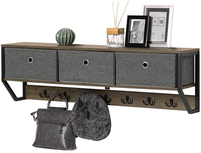 SoBuy Wandkapstok - Hangende Muurkapstok - halmeubel - Hangplank met 3 manden en 7 haken - Metaal en Hout - 100x20x30cm, FHK26-N