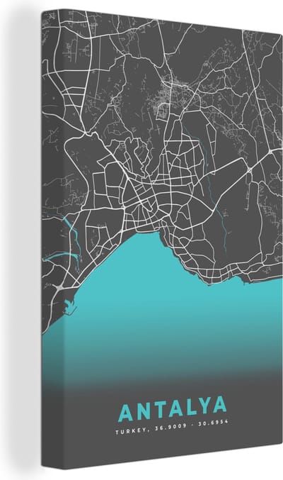 Canvas Schilderij Antalya - Stadskaart - Plattegrond - Kaart - Blauw - 20x30 cm - Wanddecoratie