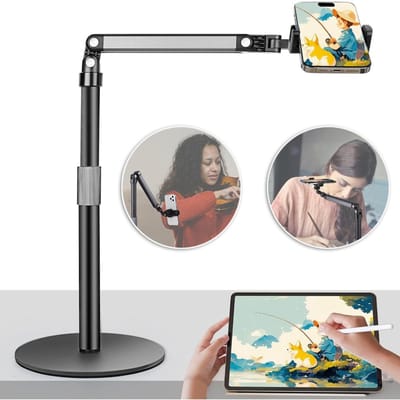 Telefoonstandaard in Hoogte En Hoek Verstelbaar - 360° Draaibaar Uitschuifbaar Van 18-70cm - Stevige Aluminium Voet - Universele Klem (6-9cm) - Voor Livestreaming, Koken, Schilderen En Video-Opnames