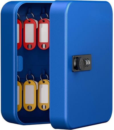 Famanu – Sleutelbox van staal met 20 vakken, cijferslot, resetbare code, inclusief etiketten en haken (blauw)