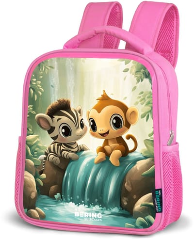 NoBoringSuitcases.com® - Rugzak roze - Schooltas meisjes - Zebra - Aapje - Waterval - Rotsen - Kinder rugtas meisje - Boekentas kind - Kinderrugzak voor school - Schoolrugzak