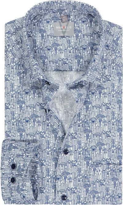 MARVELIS comfort fit overhemd - popeline - donkerblauw met wit dessin - Strijkvrij - Boordmaat: 44 (EU maat: XL)