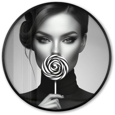 Poster in lijst Rond - Fotolijst 60x60 cm - Posters - Vrouw - Lolly - Zwart - Ronde posterlijst zwart - Decoratie - Wanddecoratie woonkamer - Muurdecoratie slaapkamer