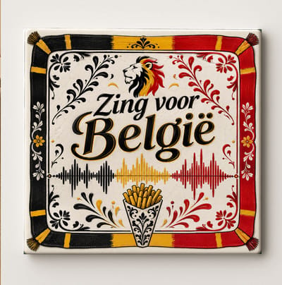 België Zing Mee Voetbaltegel – Belgische Supporter Design met Leeuw, Vlagkleuren, Geluidsgolf en Friet – Decoratieve Keramische Cadeautegel