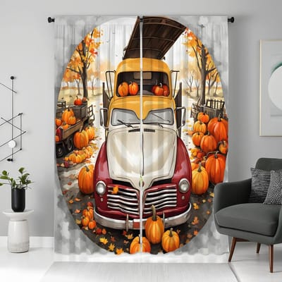 2 pièces de rideau de voiture vintage Citrouille de la Fête des Récoltes HD en Jaune Forêt d'Érable à nouer rideau imprimé numérique Décorations de Maison s W52H63inchW132H160cm orange