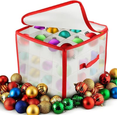 Famanu - Opbergdoos voor kerstballen, kerstversiering, opbergdoos, plastic sorteerdoos, kersttas met inzetstuk voor 64 ballen voor feestdecoraties, accessoires (31 x 31 x 29 cm)