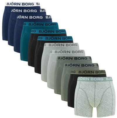 Björn Borg Cotton Stretch boxers - heren boxers normale lengte (12-pack) - groen - groen - zwart - groen - groen - print - zwart - zwart - groen - navy blauw - navy blauw - navy blauw