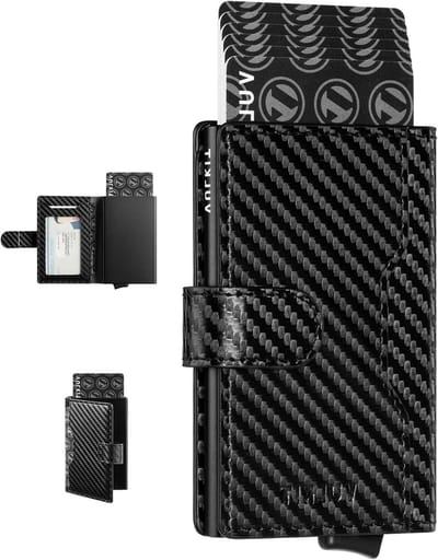 Dunne leren portemonnee voor heren met RFID-bescherming, 3 kaartsleuven en 1 ID-venster, ideaal voor creditcards en pasjes, met magnetische sluiting en carbonfiber afwerking