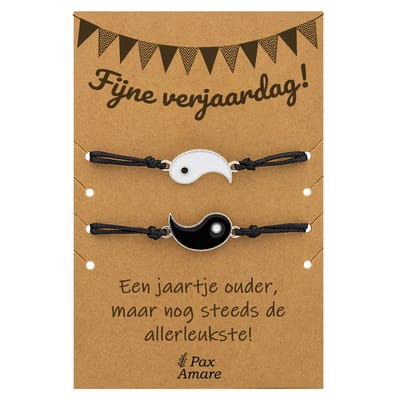Vriendschapsarmbandjes voor 2 "Fijne Verjaardag" - Yin Yang - BFF Armbandjes met Persoonlijk Cadeau Kaartje - Zilverkleurig - Elastisch Verstelbaar - Pax Amare