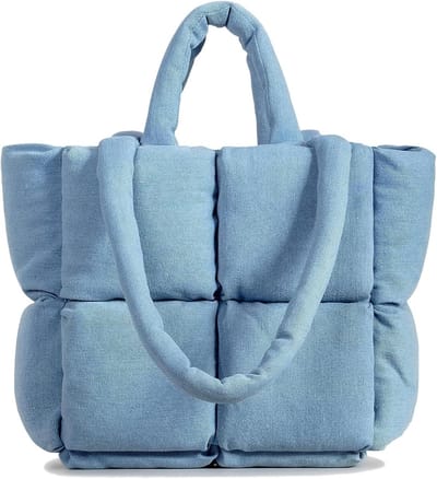 Puffer Handtas - Gewatteerde Tas - Dagelijks Gebruik - Waterdichte Rits - 36 x 28 x 12.5 cm - Denim Blauw
