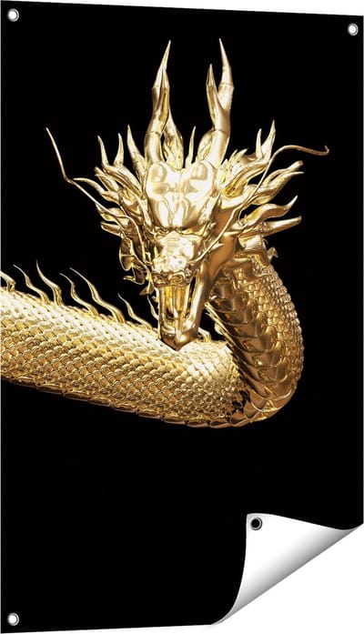 Gards Tuinposter Gouden Draak - 60x90 cm - Tuindoek - Tuindecoratie - Wanddecoratie buiten - Tuinschilderij
