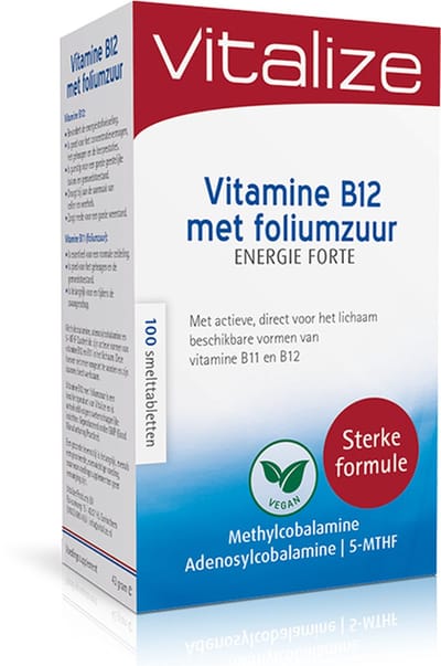 Vitalize Vitamine B12 Foliumzuur Energie Forte 100 smelttabletten | Extra sterke formule - Met actieve, direct voor het lichaam beschikbare vormen van vitamine B11 (foliumzuur) en B12
