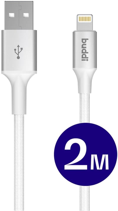 Buddi Flex | USB-A naar Lightning Kabel 12W Fast Charge | 480Mbps Dataoverdracht | Gevlochten Nylon | 2M | 2 Meter | Wit